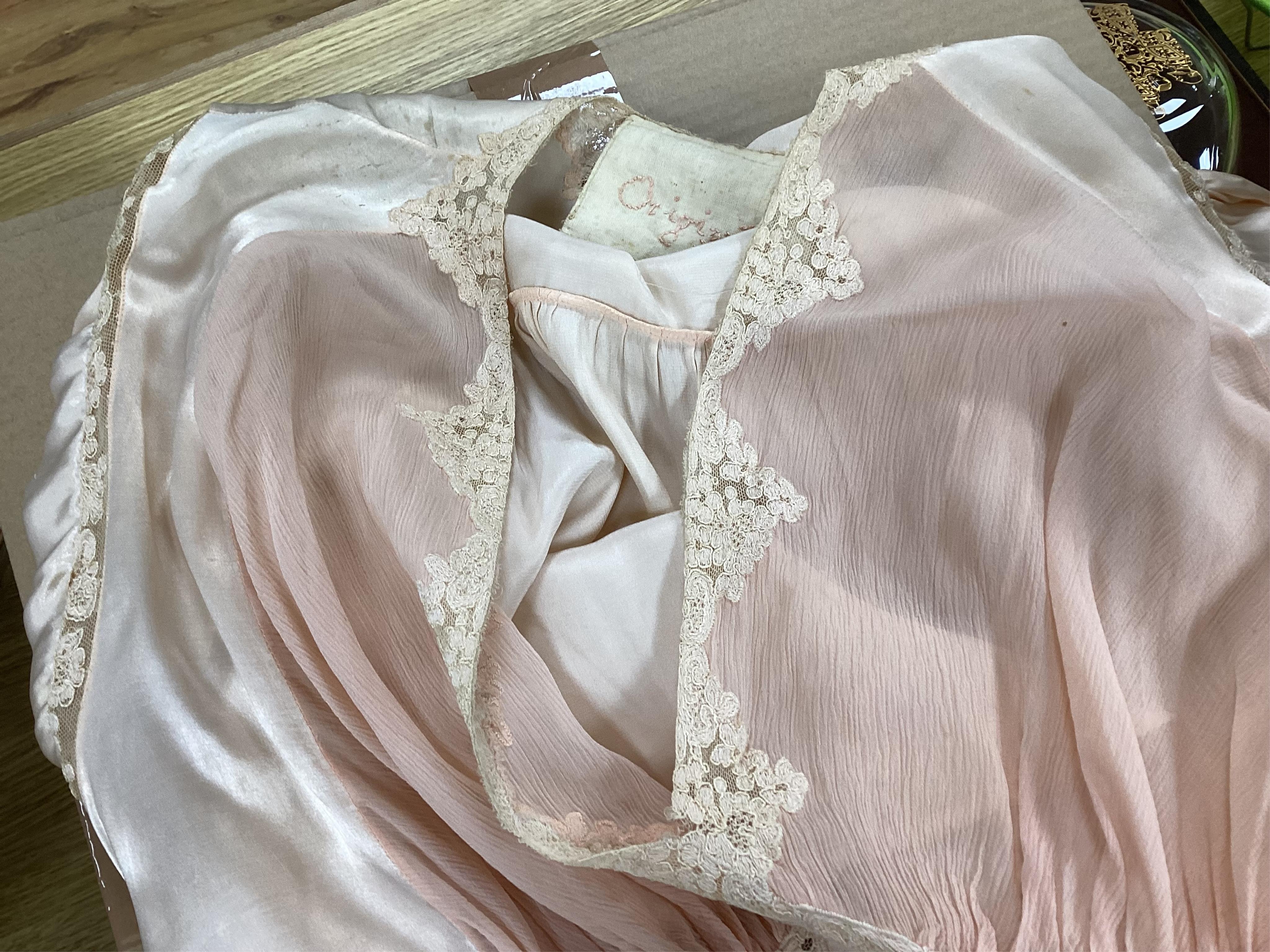 A 1940's pink satin, chiffon and lace inserted blouse